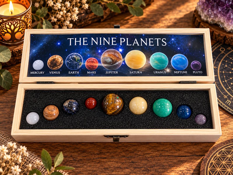 Caja madera 9 esferas planetas